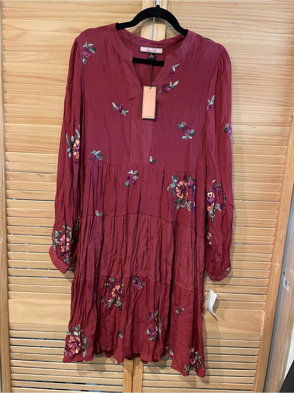 Embroidered Burgundy Tiered Long-Sleeve Dress